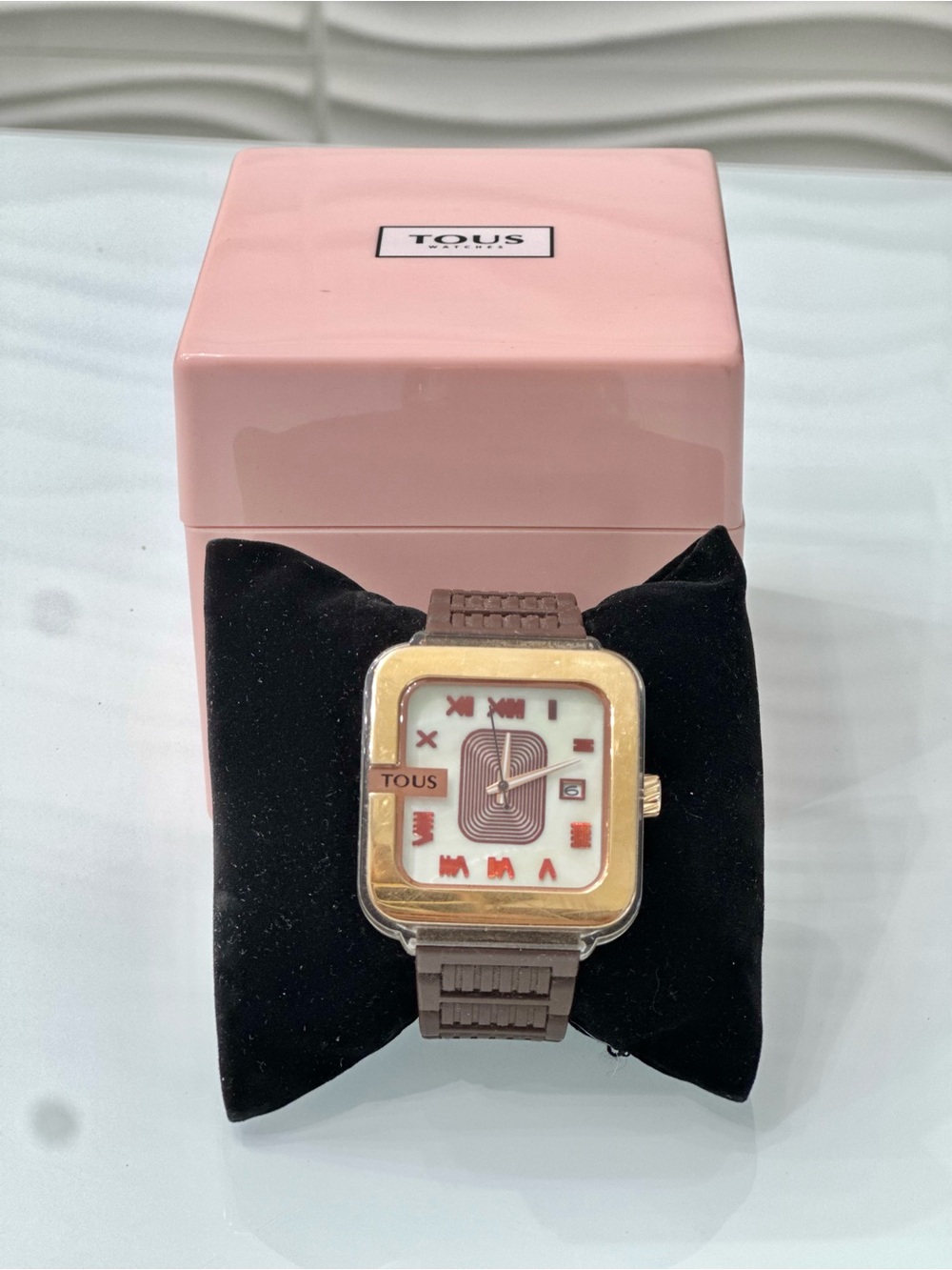 TOUS Rose Gold-Tone Square Watch with Brown Strap and Pink Box